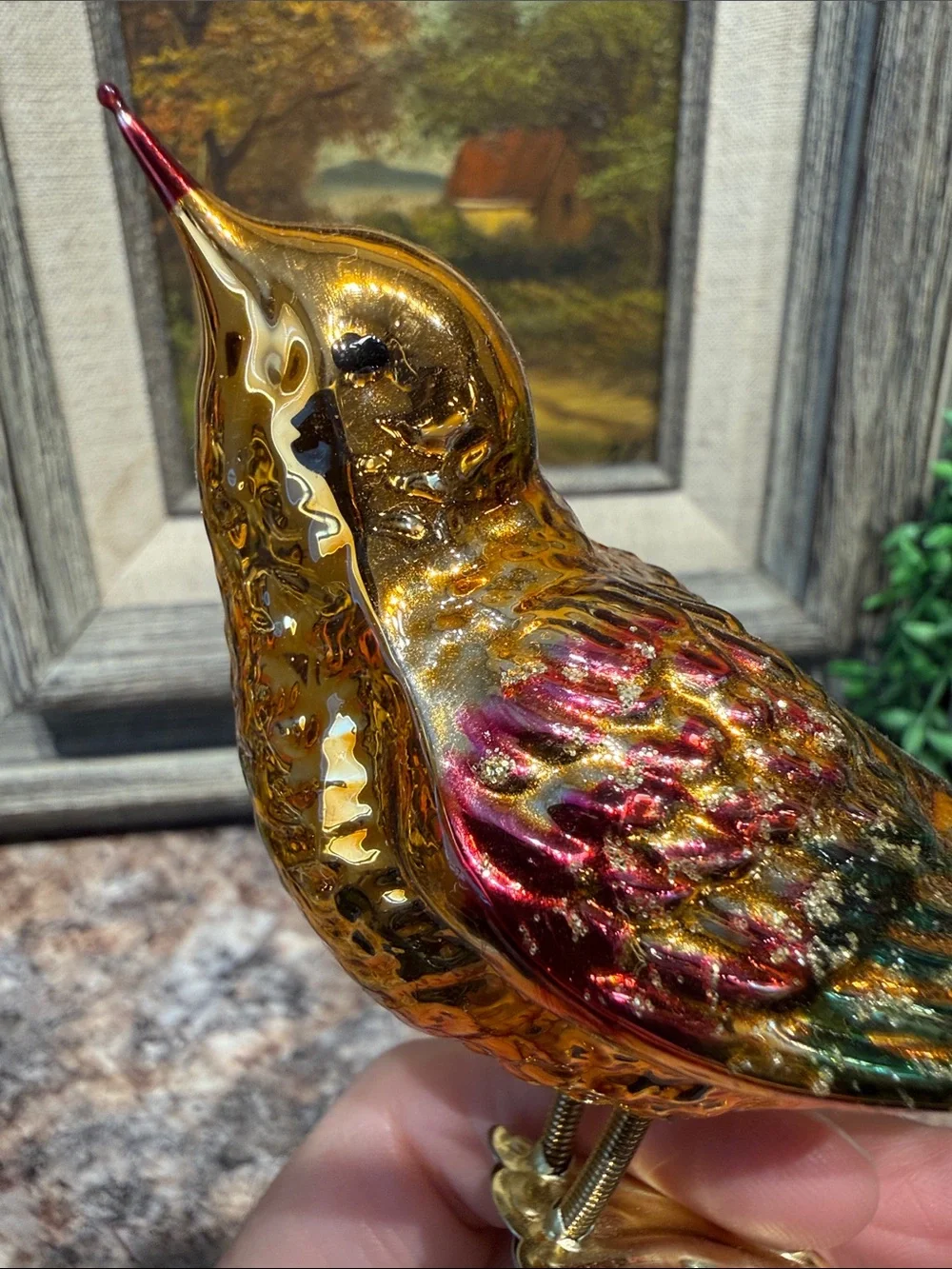 Decorative Glass Bird Clip Ornament - Gold with Red Accent
